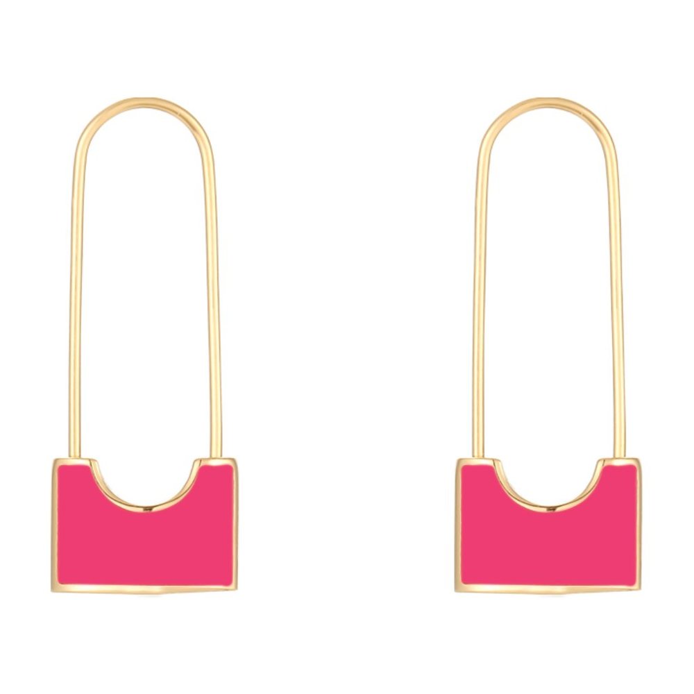 Pink Safety Pin Lock Dangle Earrings 18k Gold Stainless Steel‎ - Picture 4 of 7